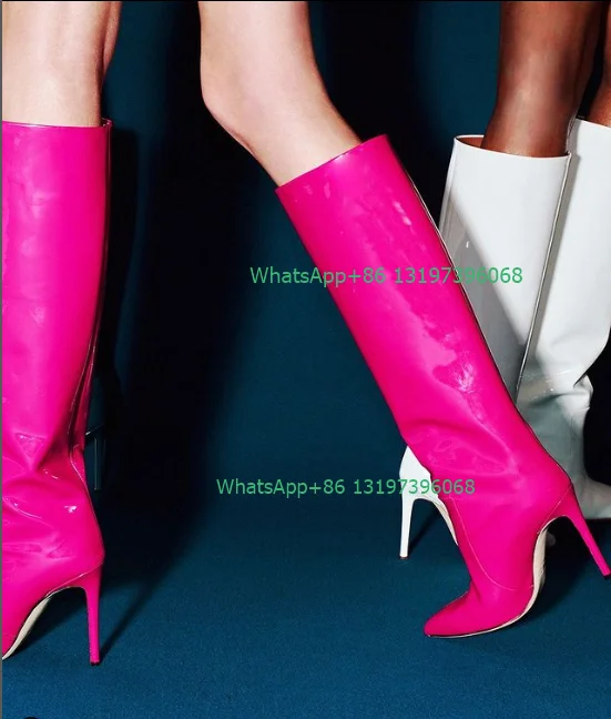 

Женские ярко-розовые лакированные сапоги до колена на шпильке с острым носком, кожаные привлекательные вечерние классические сапоги с цветным дизайном, белые, черные сапоги, размер 46