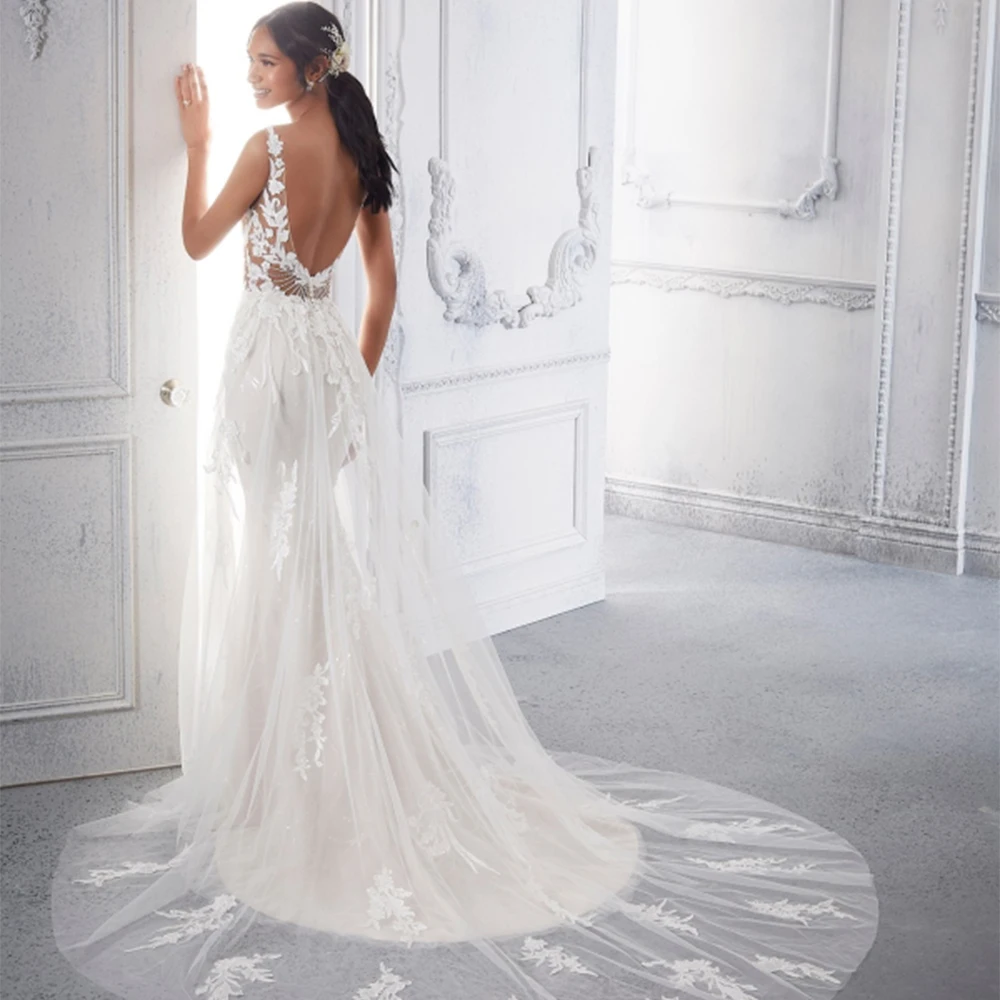 

Simple Deep V Neck Corset Frosted Embroidered Nature Appliqués Beaded Backless Gauze Blouse and Sheer Sequin Dress Wedding Dress