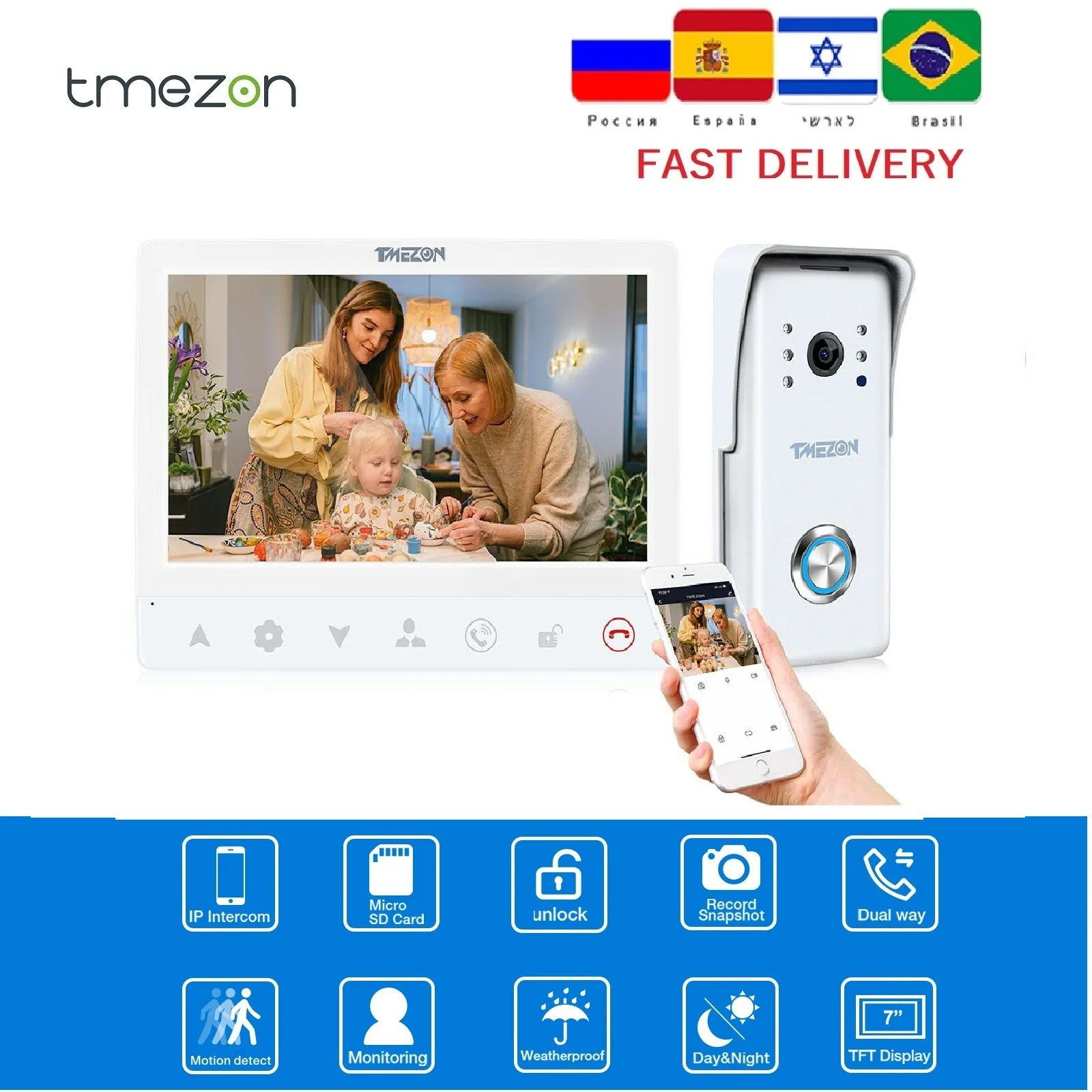 TMEZON 7 Inch 1080P TFT Wired Video Intercom System with 1x 1080P Camera,Support Recording / Snapshot Doorbell Support 1 MONITOR