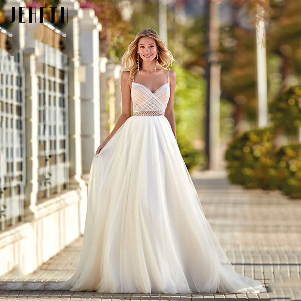 

JEHETH Boho Spaghetti Straps Tulle V-Neck Wedding Dress Bohemian A Line Backless Pleat Bridal Gown Sweep Train Vestidos De Novia