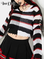 insdoit y2k gothic striped knitted sweater women streetwear long sleeve o neck cut out autumn sweater harajuku fashion crop top
