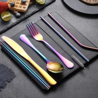 8pcs titanium plated stainless steel tableware knife fork spoon and chopsticks set outdoor creative portable tableware straw set