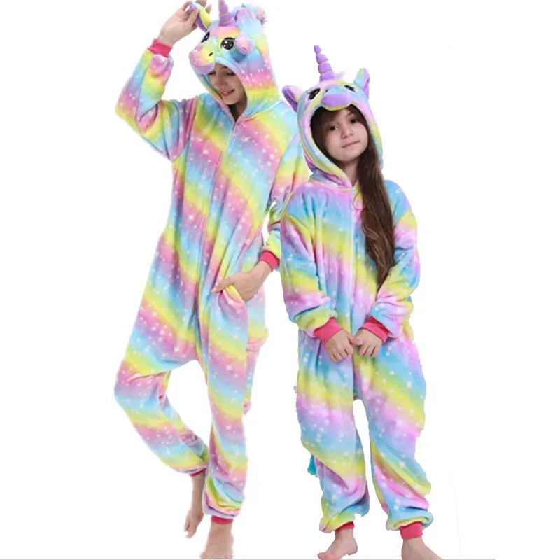 Family Kigurumi Pajamas Yellow Stripes Rainbow Stars Unicorn Onesie Cosplay Costume Pajamas For Kids and Adults