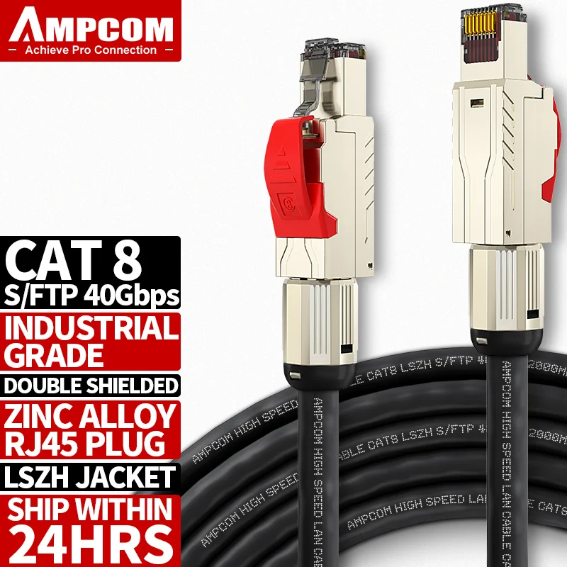 AMPCOM Network RJ45 Ethernet Cable Computer 10gbps Cat8 Cat7 Cat6A Cable Pre-terminated Patch Cord-Support custom length