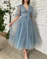 ms grey blue tulle glitter evening dresses v neck puff sleeves bone corest tea length fairy prom party gowns for gradution 2022