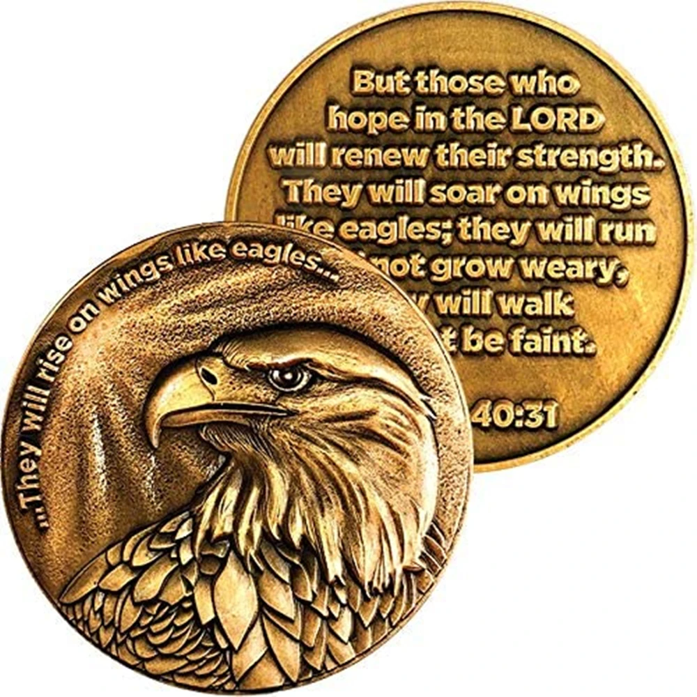 

Christian Eagle Challenge Coin, Antique Gold Plated, American Bald Eagle & Isaiah 40:31