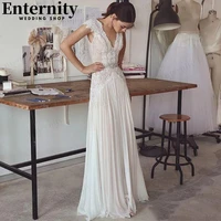 classical cap sleeves bridal dresses bohemian v neck 2022 backless wedding gowns pleated a line open back vestidos de novia
