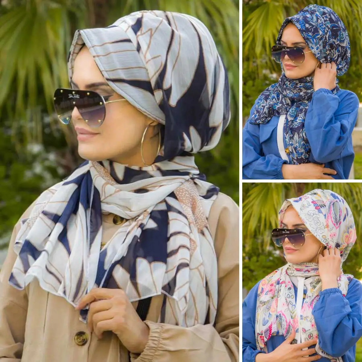 3 Pieces Different Patterned Chiffon Hat Shawls, Hijab Women Muslim Fashion Casual Bonnet Summer Clothing Woman Comfortable