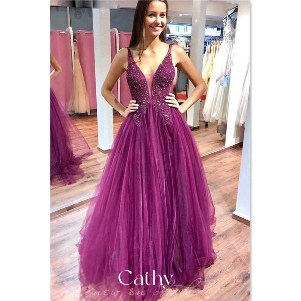 

Cathy Handmade Sequins Prom Dress Straps Appliques Evening Dress Purple Lace Embroidery A-line فستان سهرة Tulle Party Dress