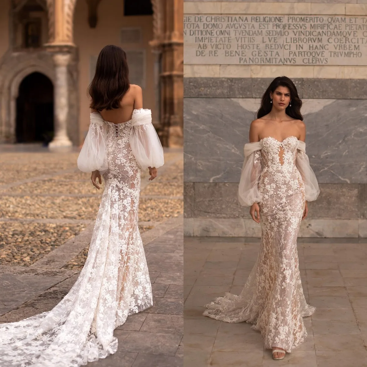 

Modest Mermaid Lace Wedding Dress Off The Shoulder Lace-up Back Appliqued Beaded Bridal Gowns Long Sleeve robes de mariee