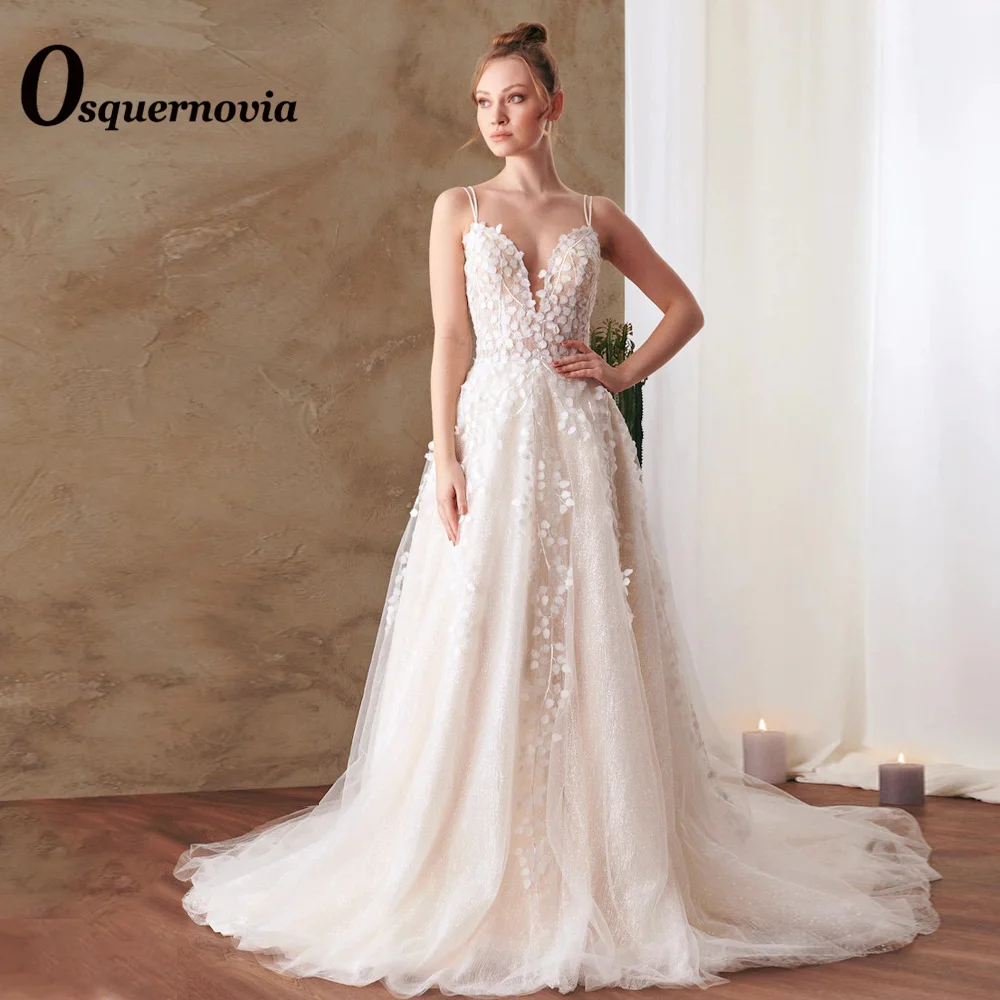 

Osquernovia Luxury Spaghetti Straps A-line Wedding Dresses For Brides V-neck Appliques Backless Vestido De Noiva Customer Made