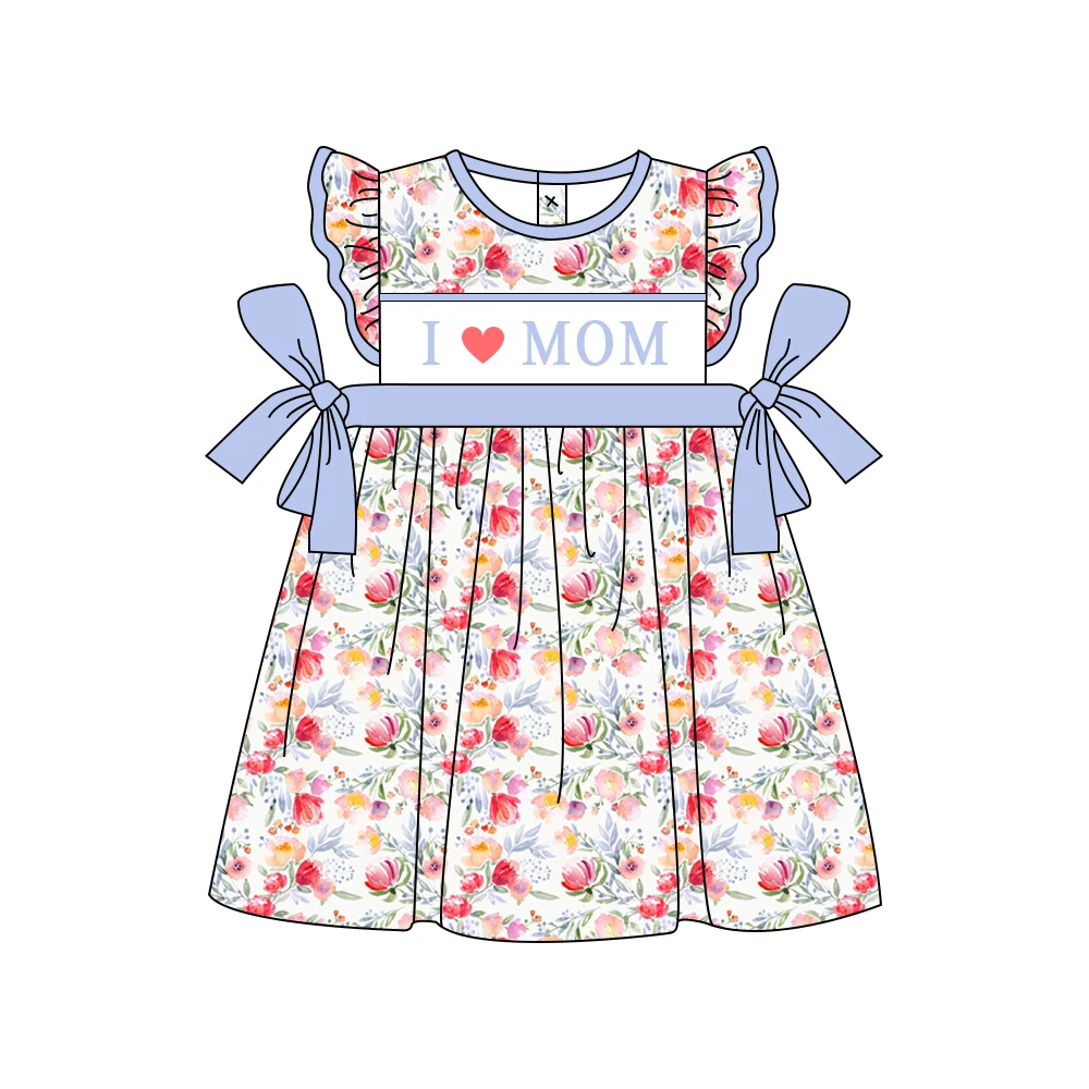 

Летняя одежда для девочек нового дизайна 2023 года, платье с вышивкой «I Love Mom» и цветочным рисунком, украшенным бантом