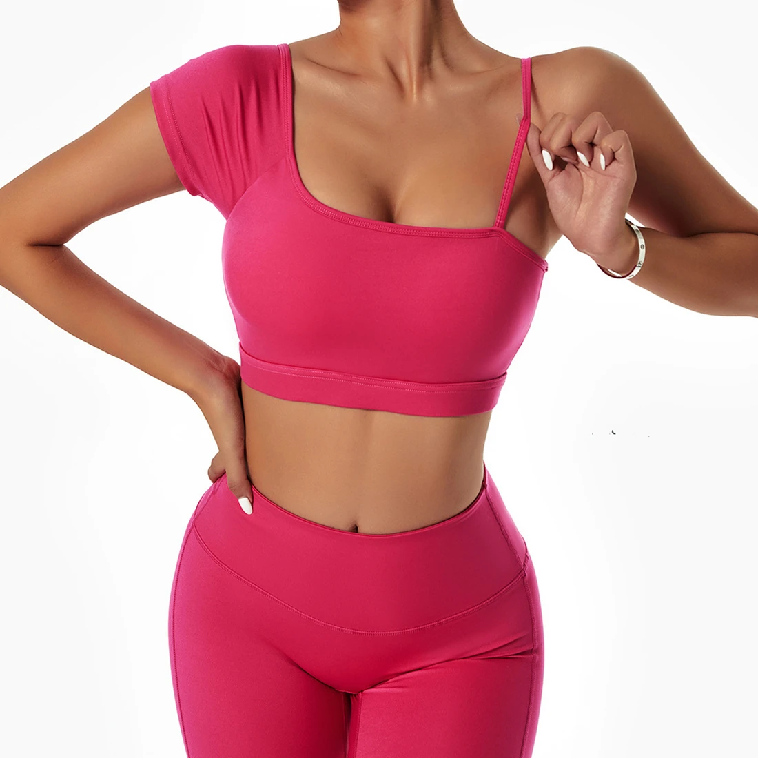 

One Shoulder Short Sleeve Crop Top Shirt Training Yoga Bras Nude Feeling Breathable Gym Top Women Push Up Shockproof Sports Bra