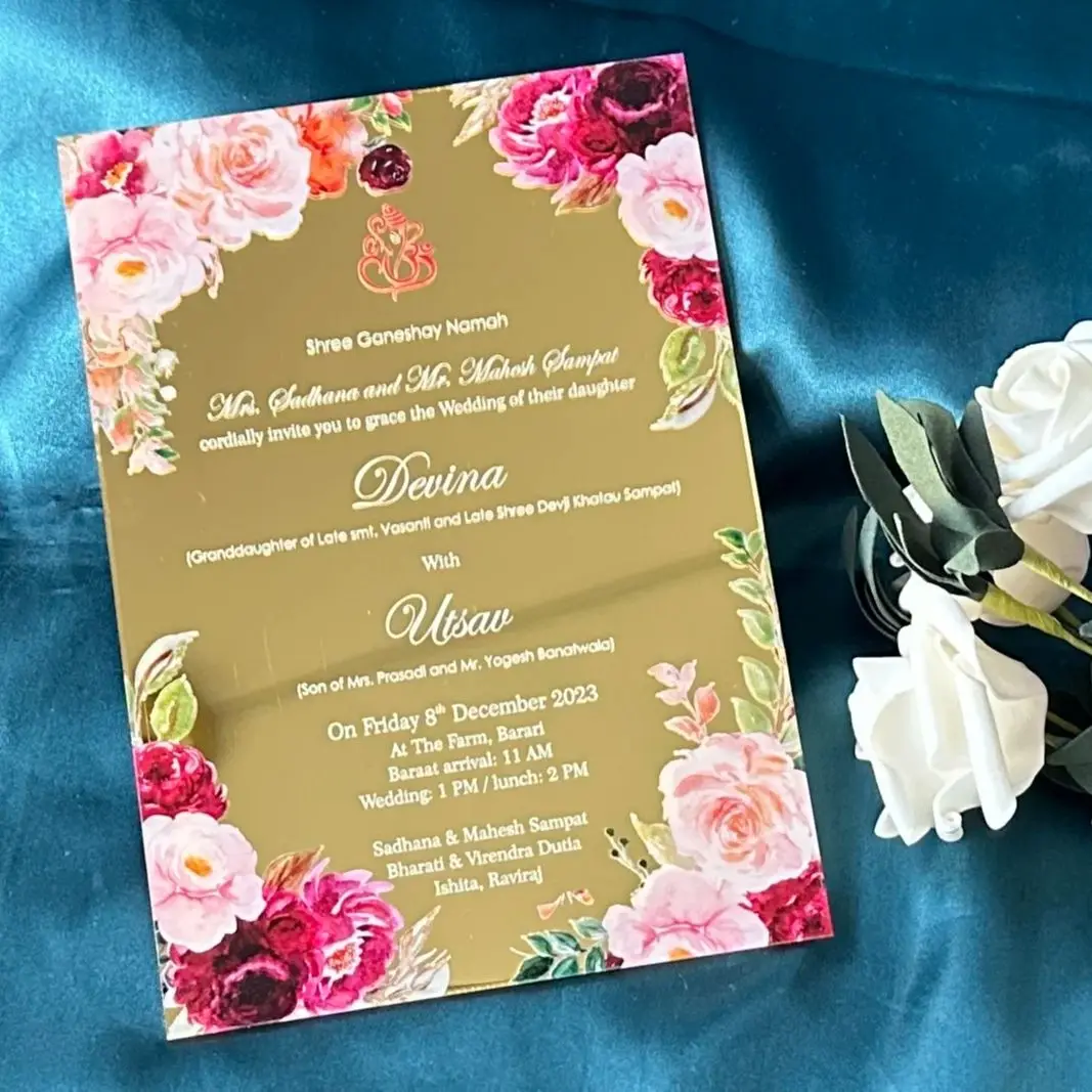 

Индивидуальные зеркальные золотые акриловые свадебные приглашения, персонализированные приглашения Quinceanera для фотографий, подарочные украшения