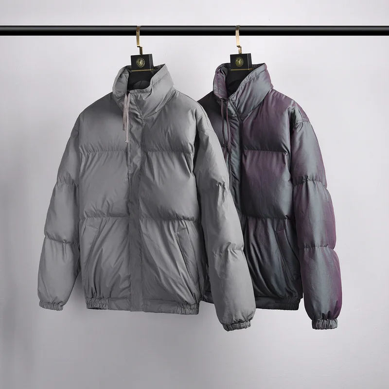 Men's High Street Tide Brand Loose Colorful Reflective Cotton Jacket Thick Bread Cotton Coat Y2K Winter New Zip Jacket