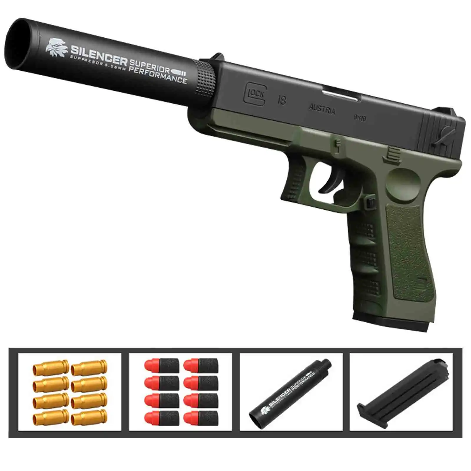 Игрушечный пистолет Glock с функцией выброса гильз 32 патрона 40 мягких дротиков 2