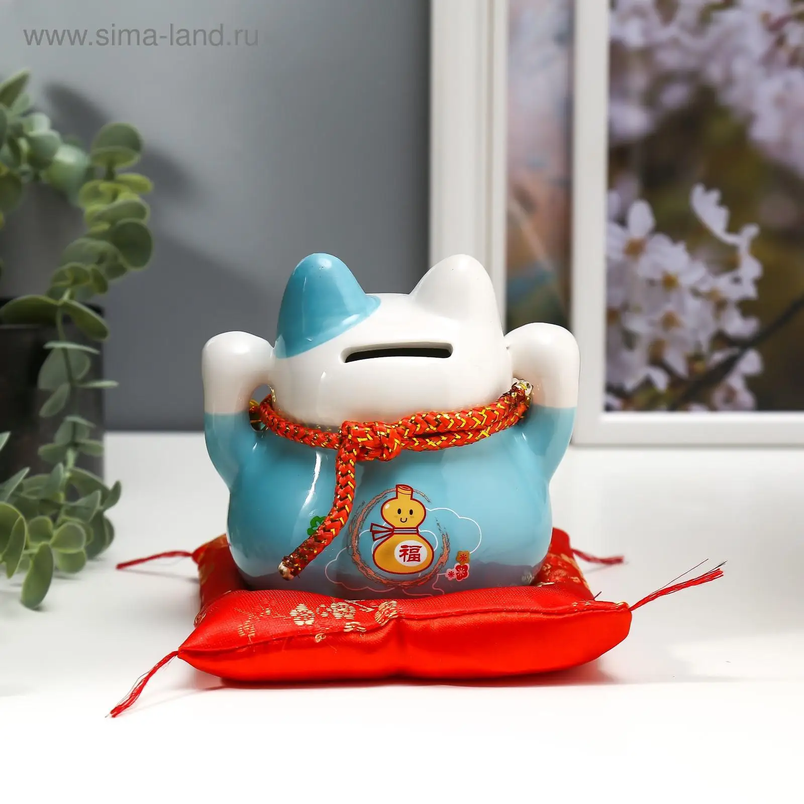 Сувенир керамика копилка Голубой кот Манэки-нэко с колокольчиками 11 5х11 5х9 5 см