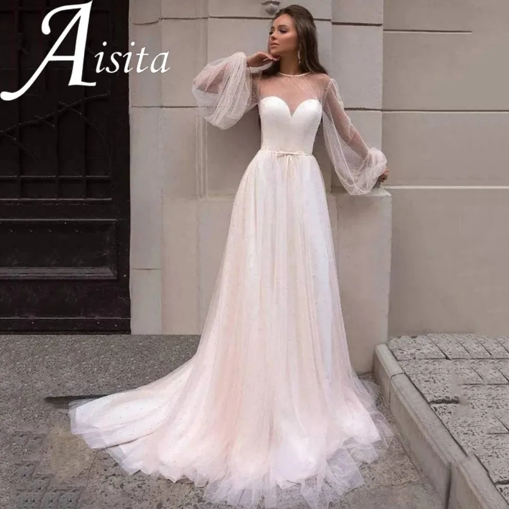 

Glamorous Sheer O Neck A Line Wedding Dress Long Puffy Sleeves Pearl Bridal Gown Illusion Back Court Train Vestidos De Novia