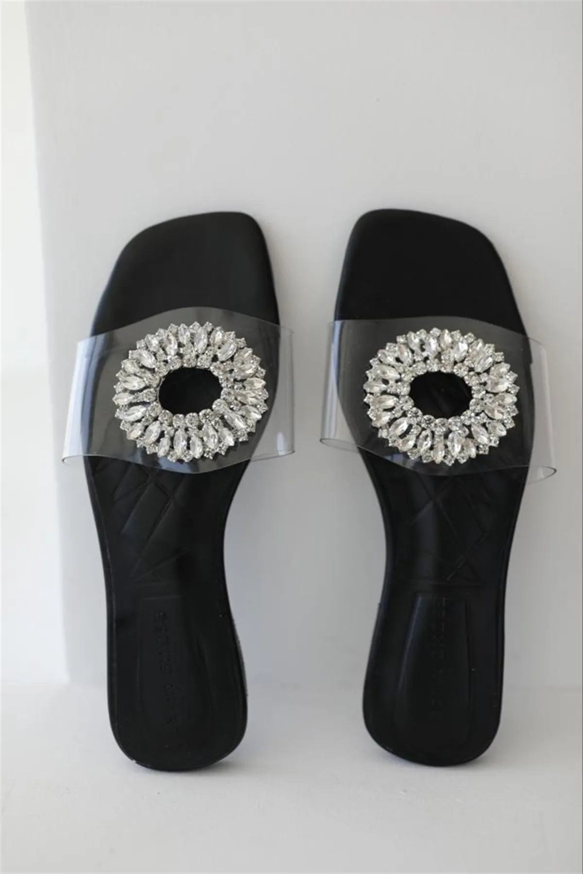 2022 Women's Rhinestones transparent Flat Summer Embellished Squared Toe Flats Lady Fashion Outdoor Slippers Luxury Flat Shoes