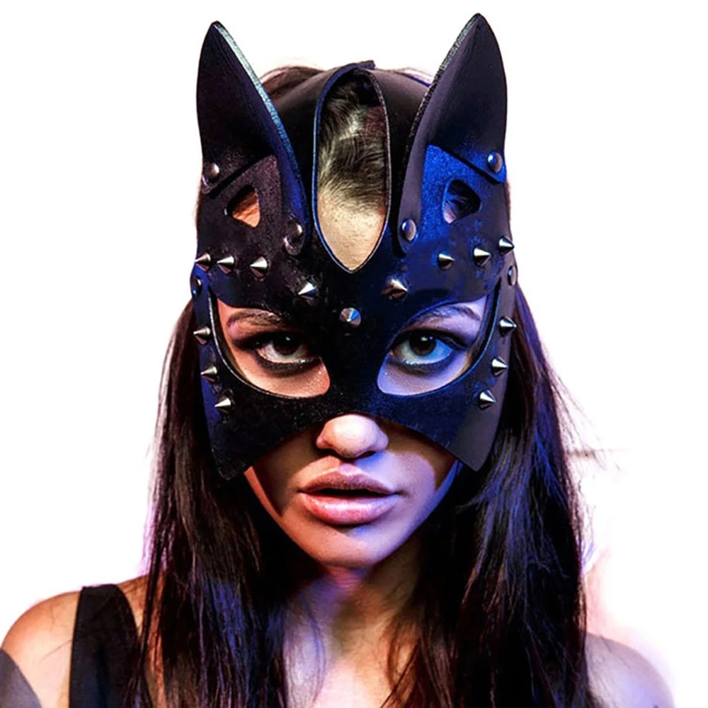 Women Nightclub Dance Masks Sexy Punk Spiked Studded Fox Cat Face Adult Rrotic PU Mask Accessories