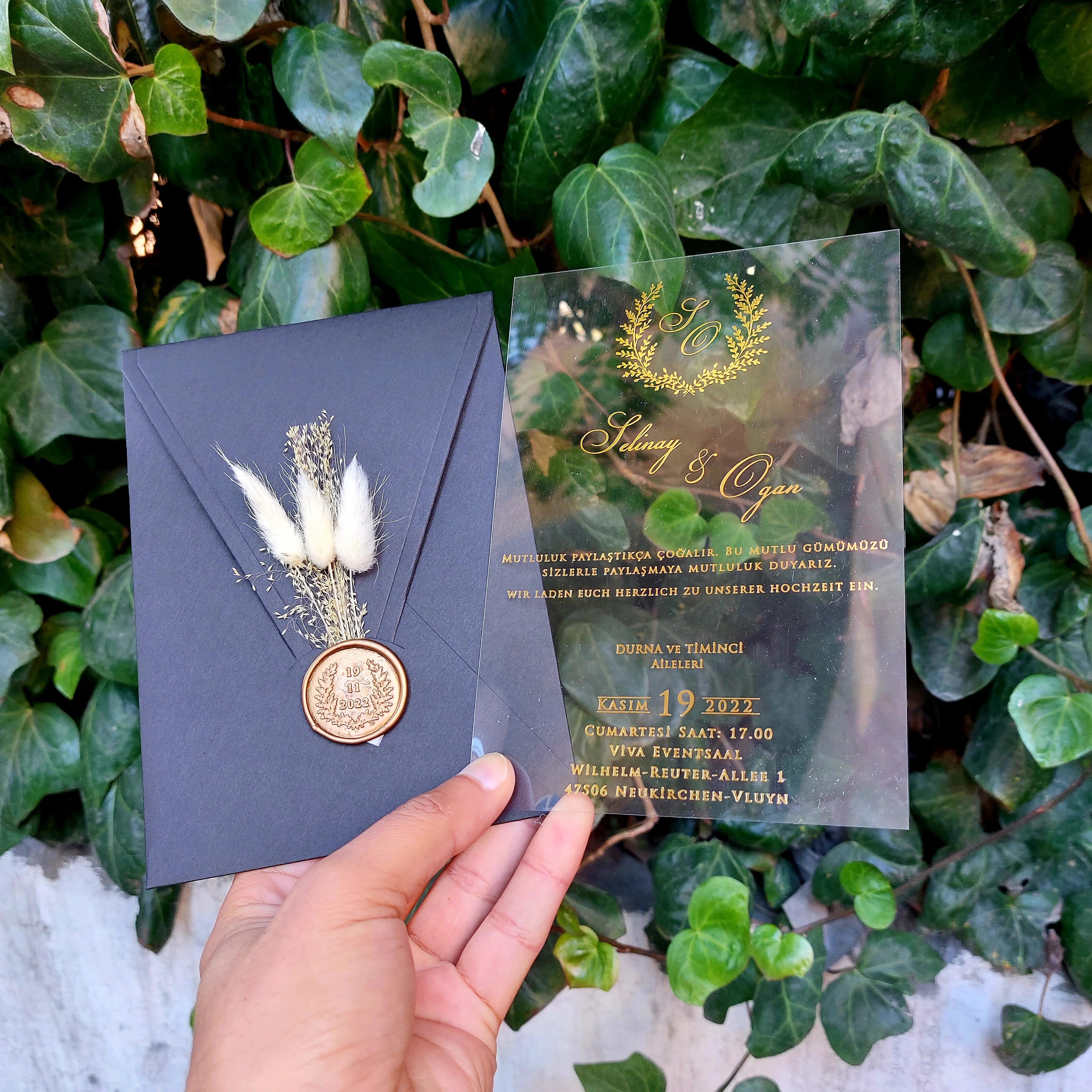

100 pcs Wedding Invitation, Acrylic Invitations, Acrylic Gold Invitations, Minimalist Design, Clear Acrylic Invitation, wax Seal