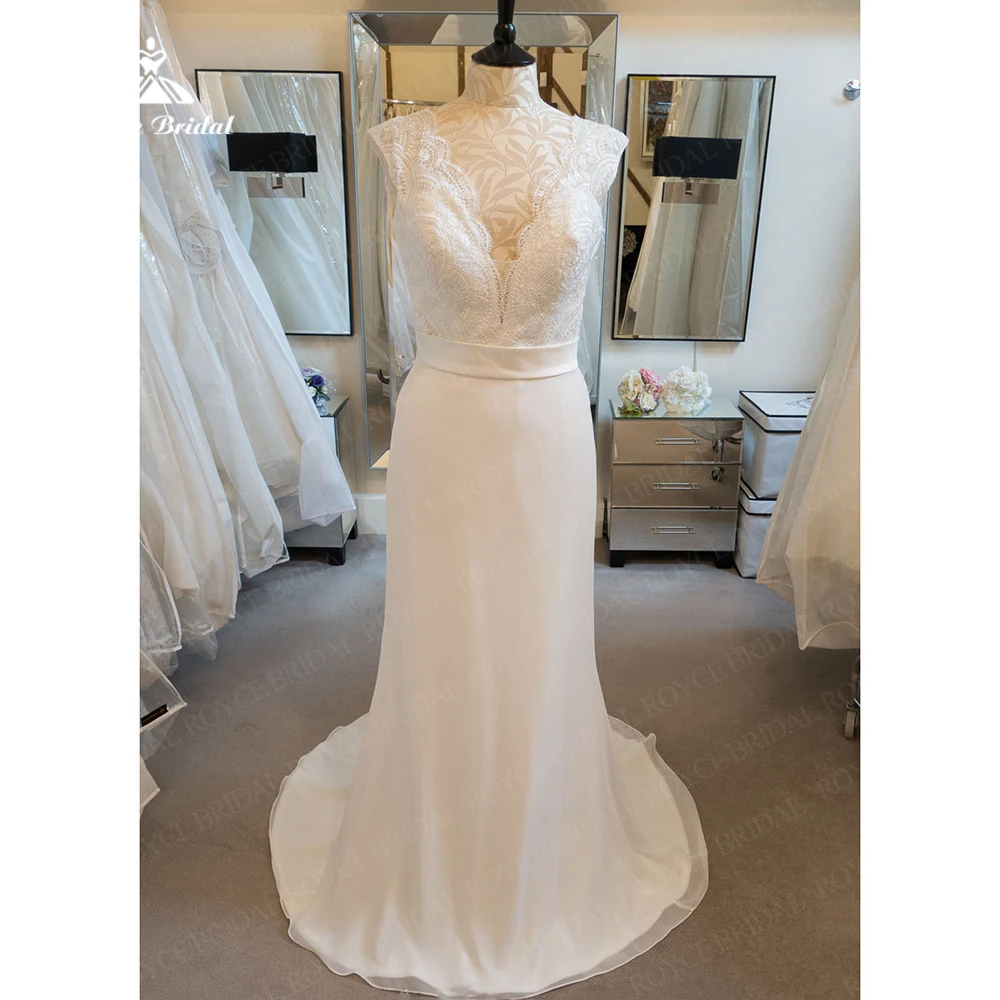 

Simple Chiffon Widdong Dresses Open Back Lace Appliqued Brida Wedding Gowns 2023 Boho Deep v Neck Court Train vestidos de novia