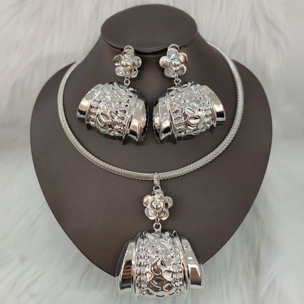 

Jewelry Sets for Women Silver Color Plated Necklace and Earings Weddings Gifts Pendant Necklace Dubai African Jewelry Set Party