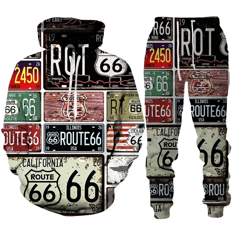 

Men's Graphic Sportswer Tracksuit Set Cool America Route 66 Letters 3D Print Hoodie/Pants/Suit Fashion Retro Streetwear Clothing