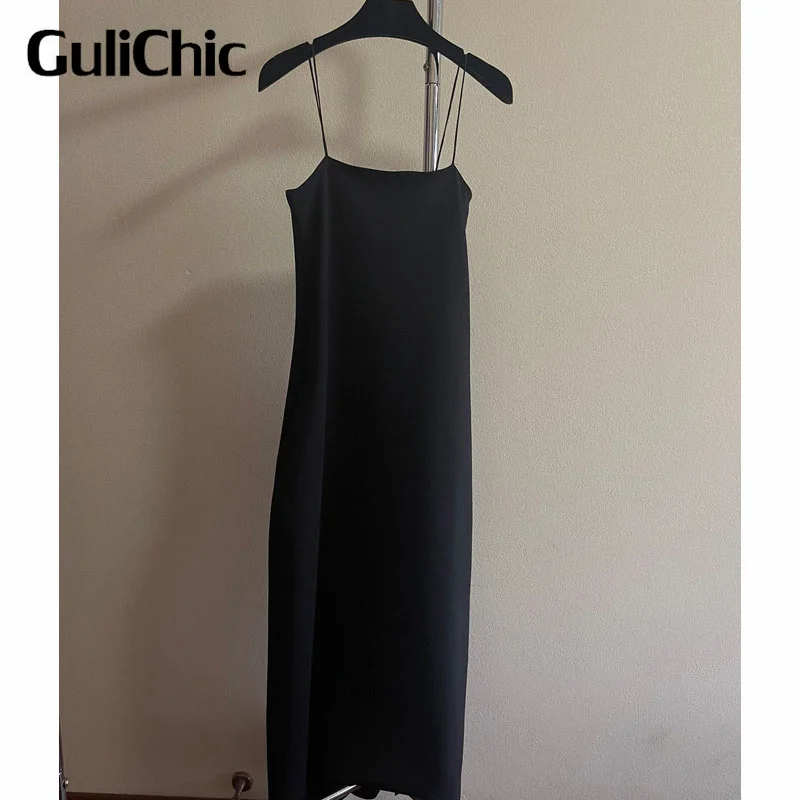 3.16 GuliChic Women Simple Soft Comfortable Spaghetti Strap Slim Sexy Black Long Dress