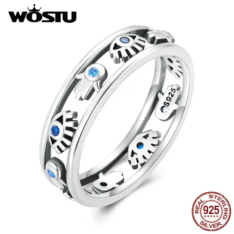 

Женское Открытое кольцо WOSTU из стерлингового серебра 925 пробы с символом голубого дьявольского глаза и руки Фатимы, подарок на день рождения, оригинальное ювелирное изделие