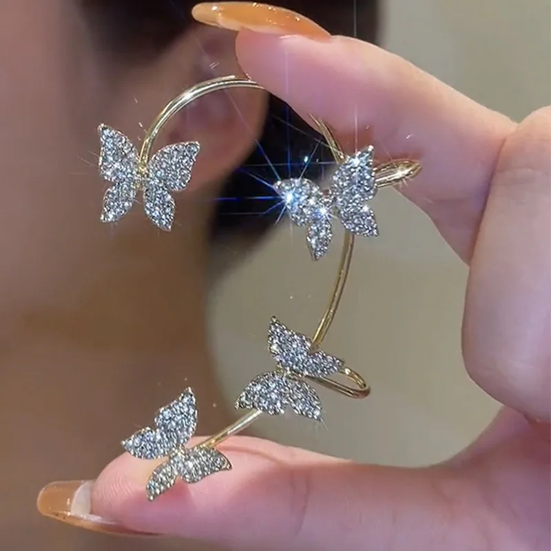 

Sparkling Zircon Ear Cuff Clip Earrings Wedding Jewelry Gold Silver Color Metal Butterfly Ear Clips Without Piercing For Women