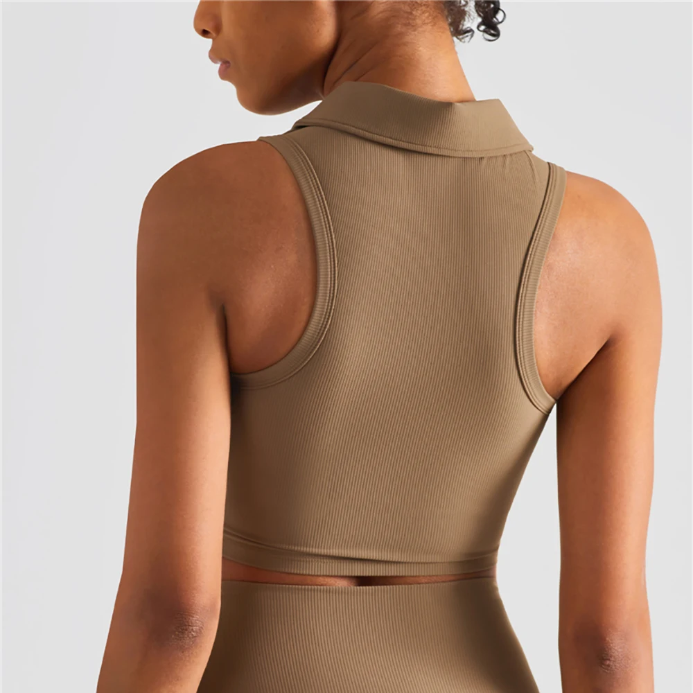 Ribbed Yoga Vest Front Zipper Sports Bra With Collar Gym Tennis Shirt Workout Shock Absorption Running Vest Active Wear Women