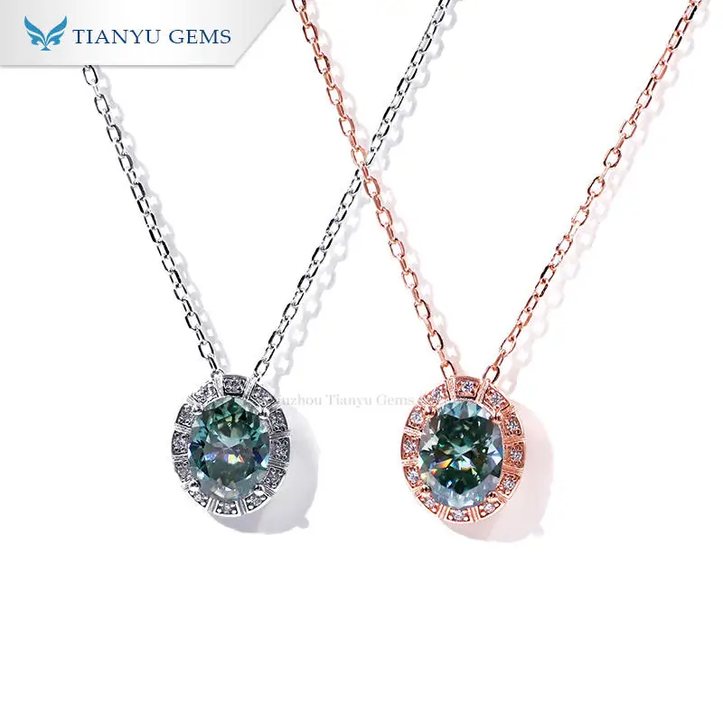 

Tianyu Gems 7x9mm Oval Green Moissanite Pendant Necklaces Silver Sterling 925 Blue Diamonds Women Wedding Necklace Fine Jewelry