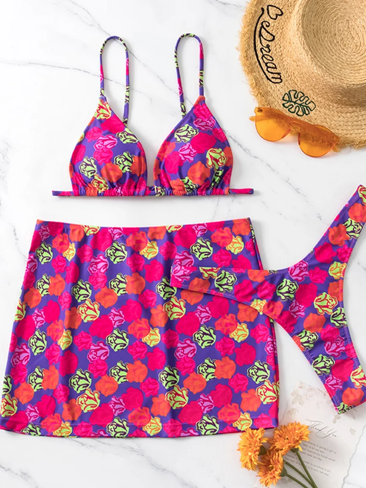 

2023, комплект бикини, Треугольные бикини, купальник с цветочным принтом, женский купальник, бандажные купальники из трех предметов, купальны...