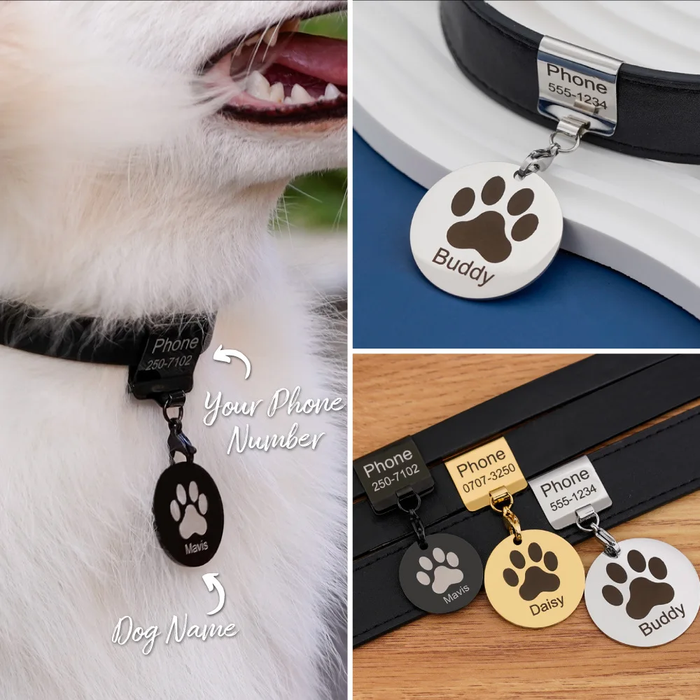 

Personalised Pet Id Tag Pet Dog Collars Free Engraved ID Tag Nameplate Personalized Custom PU Leather Puppy Collar Adjustable