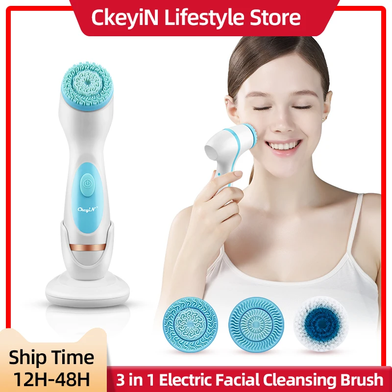 CkeyiN 3 в 1 электрическая Очищающая щетка для лица силиконовая вращающаяся щетка для лица очиститель для лица Отшелушивающий очищающий массаж...