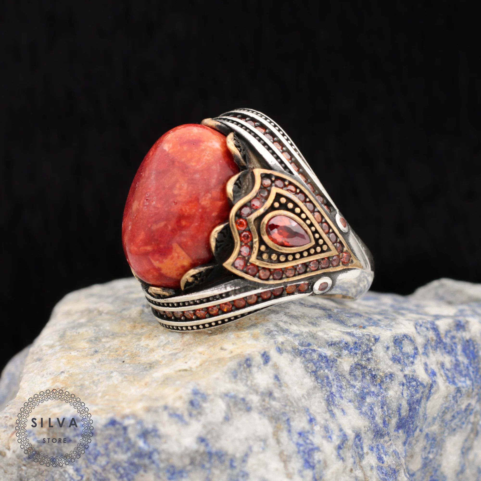 Original Sterling 925 Silver Men Ring With Coral Stone Man Jewellery Stamped With Silver All Sizes Are Available