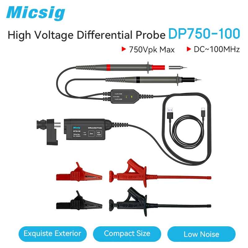 

Micsig Oscilloscope 750V 100MHz High Voltage Differential Probe DP750-100 kit 50X/500X Attenuation Rate UPI interface Overrange