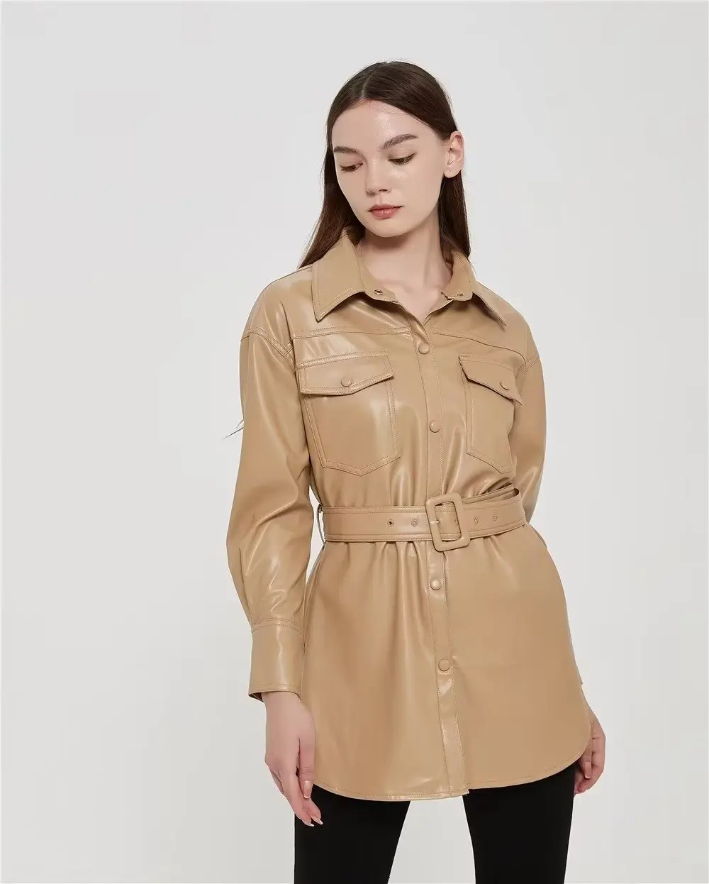 MOLA Fashion Woman Leather Jacket Winter Za Loose With Belt High Street Lapel Sexy Outwear Top Female PU Coat Outwear