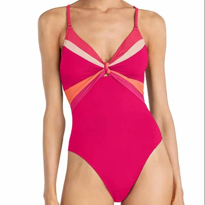 

Fashion V-Neck Color Matching Print One Piece Swimsuit High Waist Cropped Skinny Bikini Seamless Beachwear Push-ups Swimwear