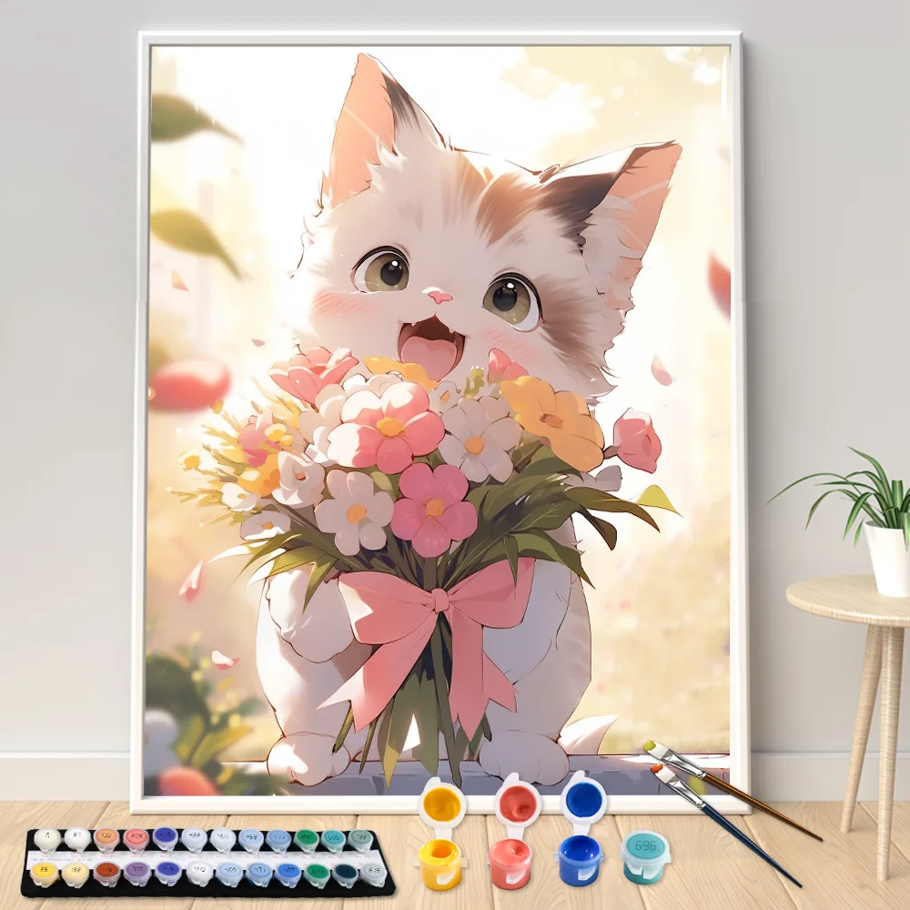 

Hand Painted Cat Bouquet Landscape Oil Painting by Numbers Kit Seascape DIY Acrylic Artwork Canva Art Gift Home Decoration