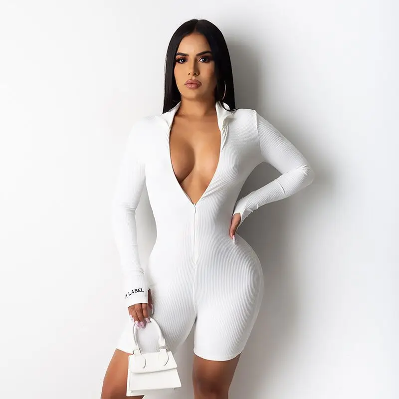 

Ribbed Turtleneck Sport Wear Casual Jumpsuit Women Letter Embroidery Skinny Sexy Playsuit Female Fitness Rompers