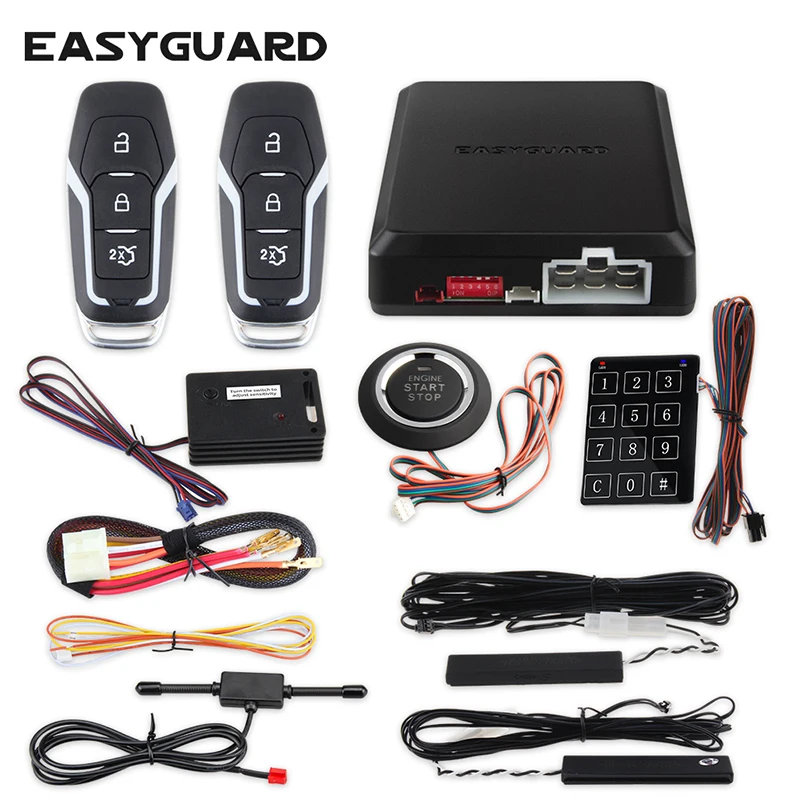 

Автомобильная сигнализация EASYGUARD, Пассивный бесключевой доступ, дистанционный стартер двигателя, кнопка остановки, пароль, автоблокировка,...