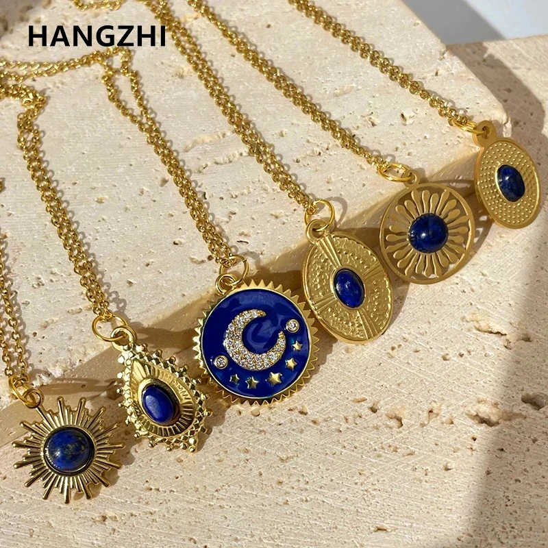 

Blue Stone Rhinestone Moon Star Enamel Hollow Round Geometric Irregular Stainless Steel Pendant Necklace Natural Stone Jewelry