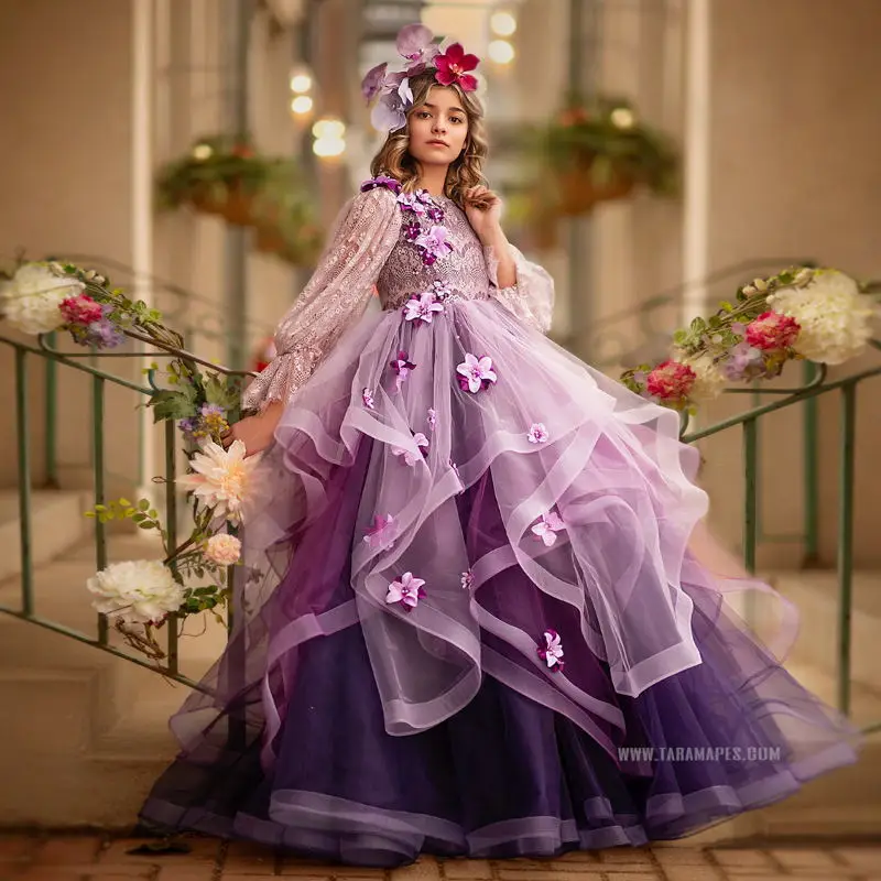 

Purple Princess Girls Pageant Dress for Photoshoot Ruffles Tulle Applique Flower Girls Dress First Communion Kids Birthday Dress