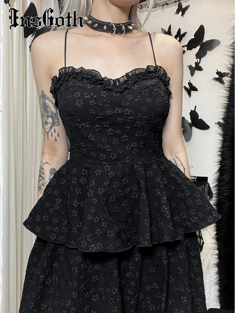

InsGoth Floral Tank Top Black A Line Peplum Lace Trim Backless Sexy Folds Corset High Waist Basic Street Emo Aesthetic Camisole