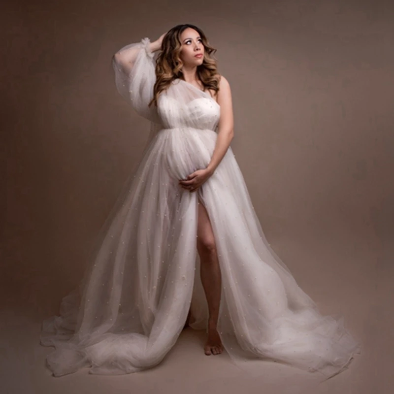 

One Shoulder Pearls Photo Shoot Maternity Dress For Photoshoot Baby Shower Robes Ruffle Bridal Photography Pregnancy Dresses