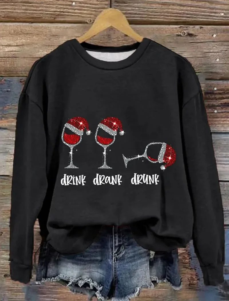 

Women's Fashionable Crystal Wine Glass Christmas Printed Sweatshirt