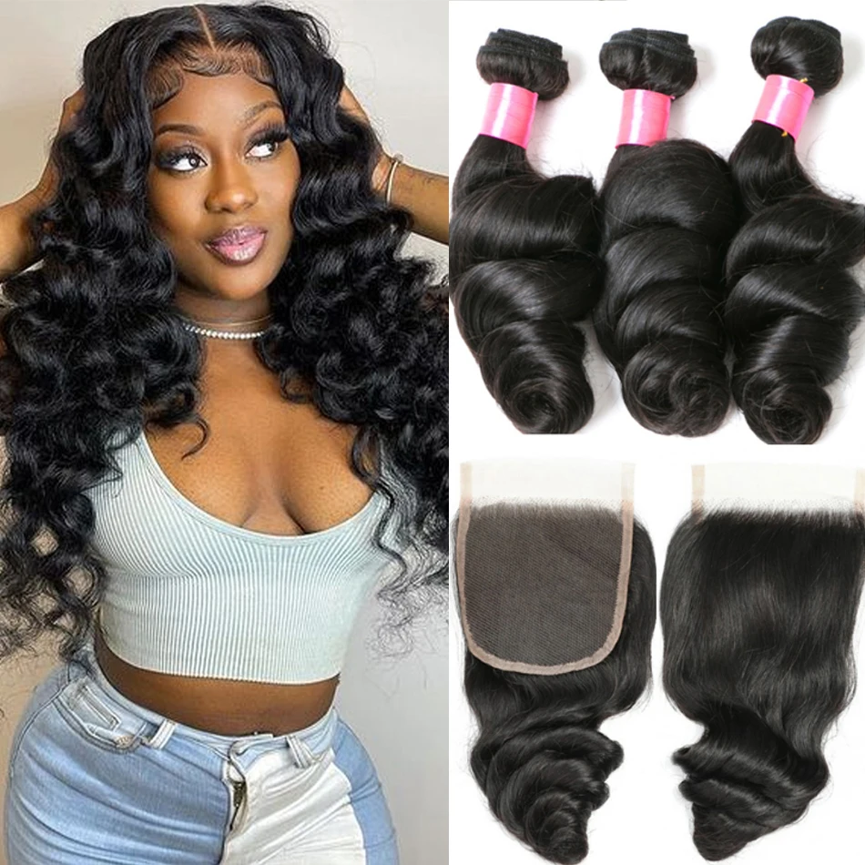 

12A Loose Wave Bundles With Closure 100% Unprocessed Human Hair Weft Weaving Malaysian Hair 4x4 Top Lace With Bundles Wholesale