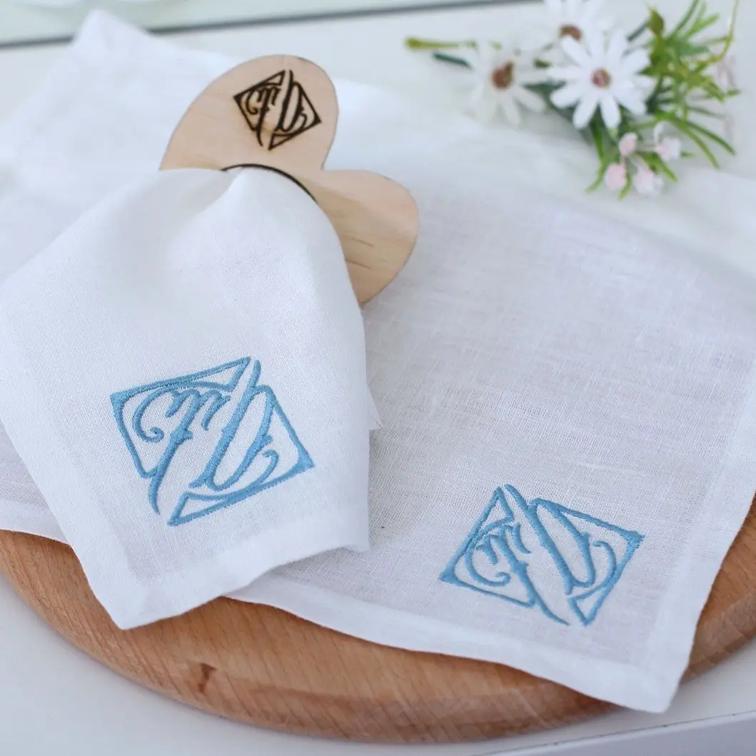 

[Camellia Casa] 2 pic/set Elegant Monogram Embroidered High Quality, Pure Linen Napkin, Table Decor, Wedding, Gift, Home